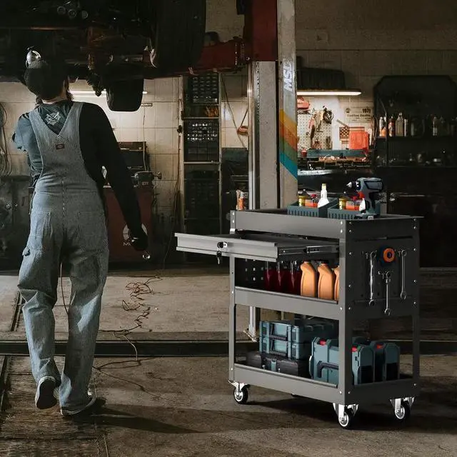 Alt view image 3 of 7 - 3-Tier Tool Cart, Heavy Duty Utility Cart on Wheels, 330Lb. Load, Mechanic Tool Storage with Drawers, Metal Rolling Tool Cart, for Warehouse, Garage Storage, The Repair Shop (Grey)