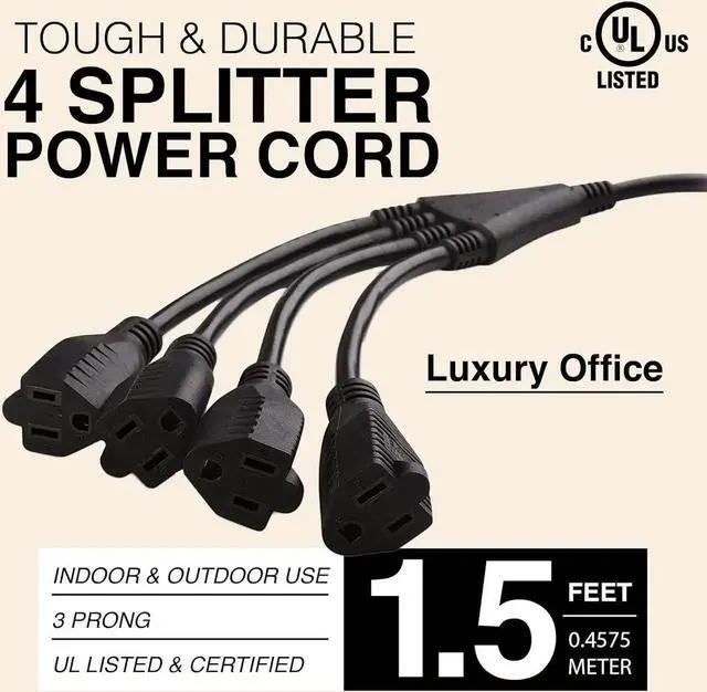 Alt view image 3 of 7 - 4 Way Power Splitter - Pack of 5: 1 to Plug Strip, 1.5' Cord, 3 Prong Outlet, Black, SJT 16 AWG, UL Listed