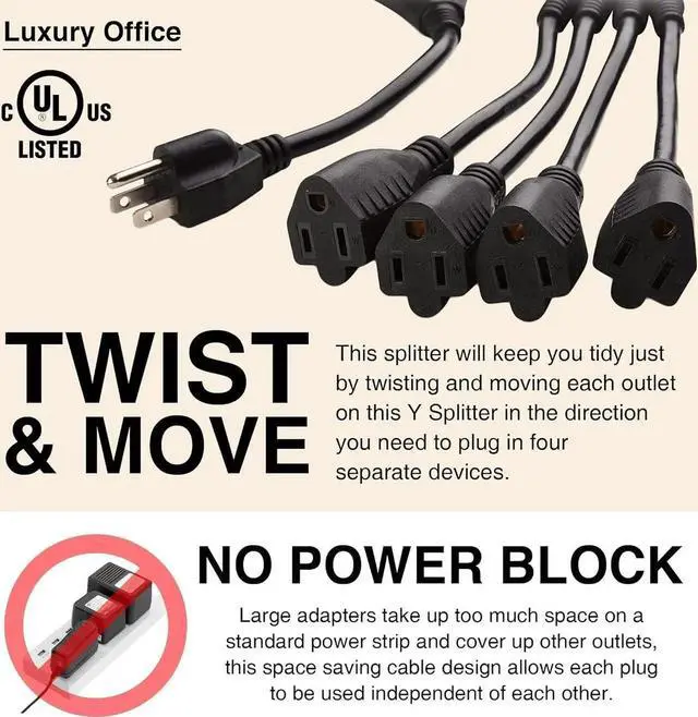 Alt view image 6 of 7 - 4 Way Power Splitter - Pack of 5: 1 to Plug Strip, 1.5' Cord, 3 Prong Outlet, Black, SJT 16 AWG, UL Listed