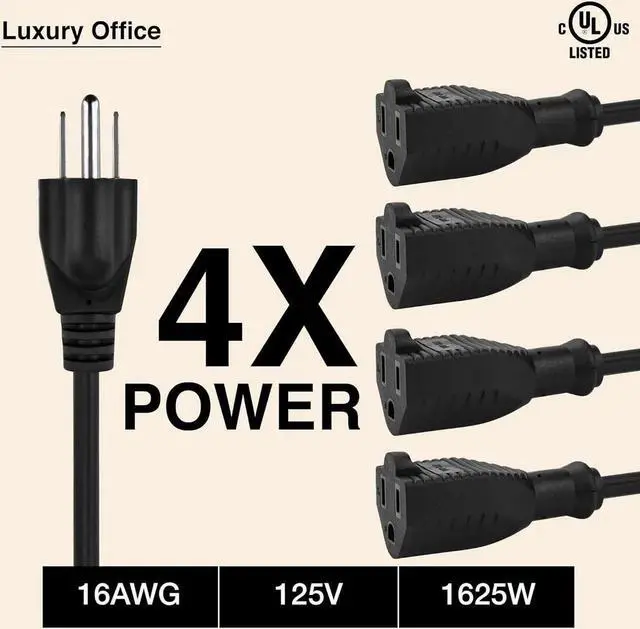 Alt view image 7 of 7 - 4 Way Power Splitter - Pack of 5: 1 to Plug Strip, 1.5' Cord, 3 Prong Outlet, Black, SJT 16 AWG, UL Listed
