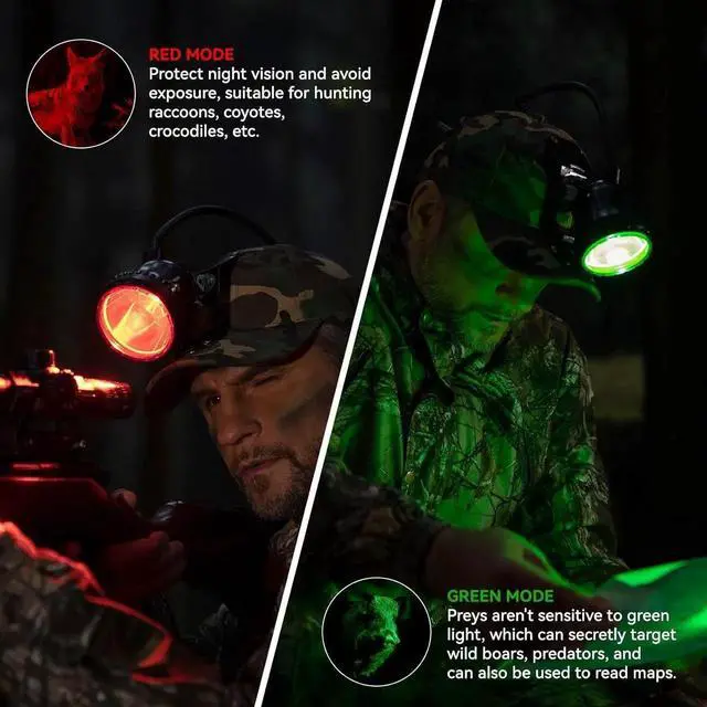Alt view image 4 of 7 - 10W LED Coon Hunting Lights for Prer Coyote Hog, 55000 LUX Super Bright Hunting Headlamp Rechargeable, IPX5 Waterproof White Light & Red/Green Optical lters, 5 Position Switch Soft Cap