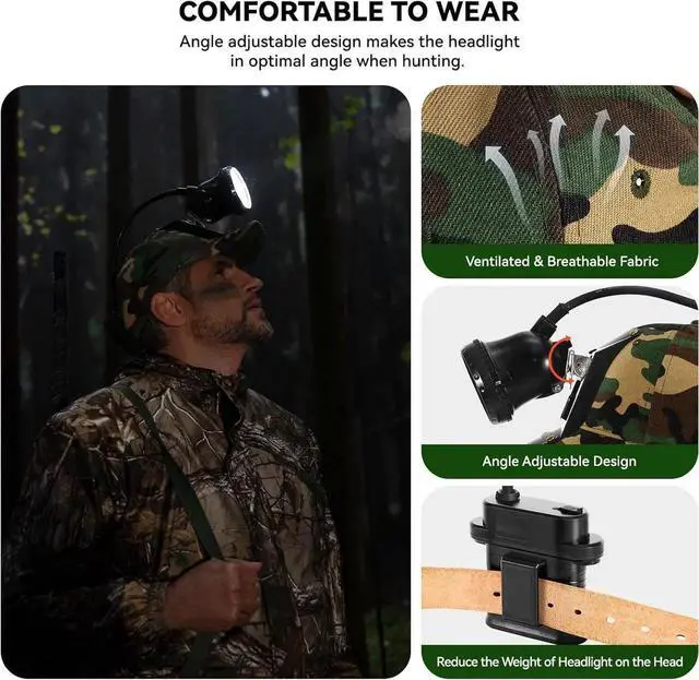 Alt view image 3 of 7 - 10W LED Coon Hunting Lights for Prer Coyote Hog, 55000 LUX Super Bright Hunting Headlamp Rechargeable, IPX5 Waterproof White Light & Red/Green Optical lters, 5 Position Switch Soft Cap