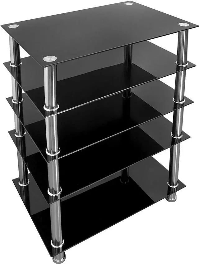 Main image of Tempered Glass AV Component Media Stand, Audio Tower and Media Center with 5 Shelves, 220 Lbs Total Capacity, Black Shelves Chrome Legs (MI-8671)