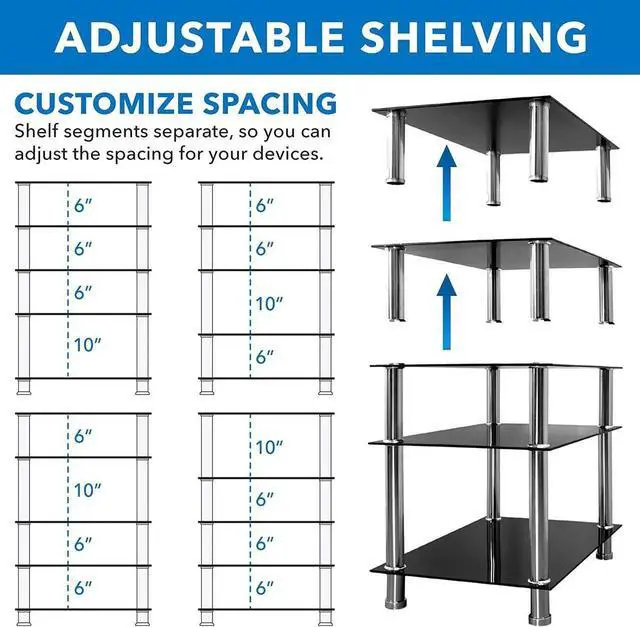 Alt view image 3 of 7 - Tempered Glass AV Component Media Stand, Audio Tower and Media Center with 5 Shelves, 220 Lbs Total Capacity, Black Shelves Chrome Legs (MI-8671)