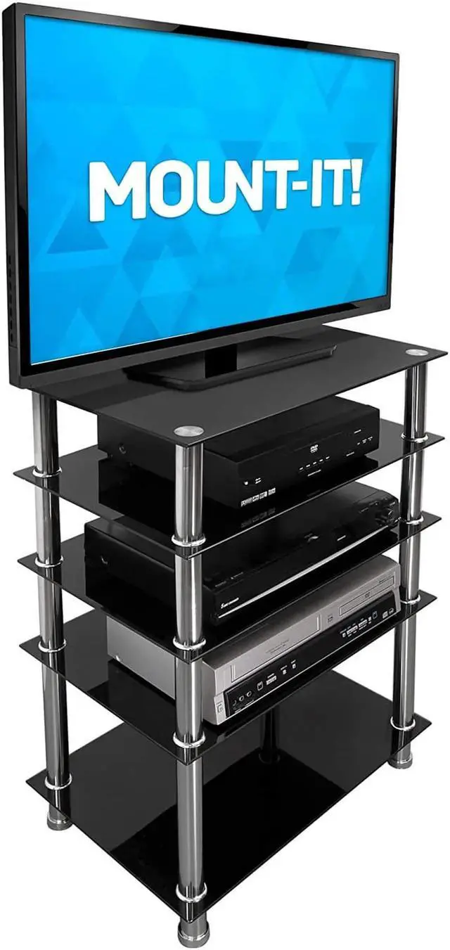 Alt view image 7 of 7 - Tempered Glass AV Component Media Stand, Audio Tower and Media Center with 5 Shelves, 220 Lbs Total Capacity, Black Shelves Chrome Legs (MI-8671)