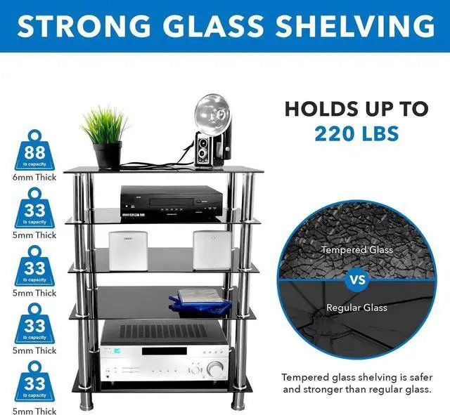 Alt view image 6 of 7 - Tempered Glass AV Component Media Stand, Audio Tower and Media Center with 5 Shelves, 220 Lbs Total Capacity, Black Shelves Chrome Legs (MI-8671)