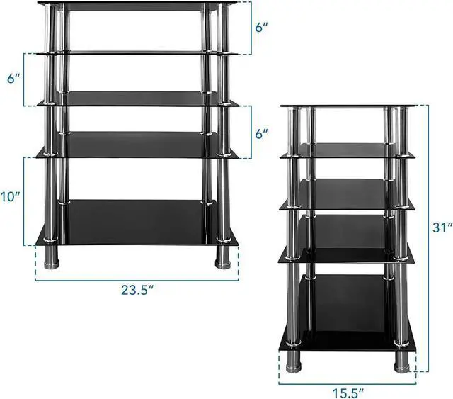 Alt view image 4 of 7 - Tempered Glass AV Component Media Stand, Audio Tower and Media Center with 5 Shelves, 220 Lbs Total Capacity, Black Shelves Chrome Legs (MI-8671)