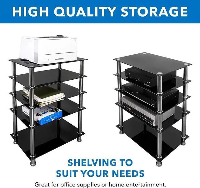 Alt view image 5 of 7 - Tempered Glass AV Component Media Stand, Audio Tower and Media Center with 5 Shelves, 220 Lbs Total Capacity, Black Shelves Chrome Legs (MI-8671)