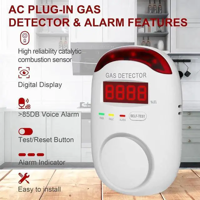 Alt view image 5 of 6 - 2 Packs Gas Detector & Alarm - Plug in Natural Detectors Propane for Home,RV Kitchen, Combustible Leak Monitor LNG, LPG, Methane. white