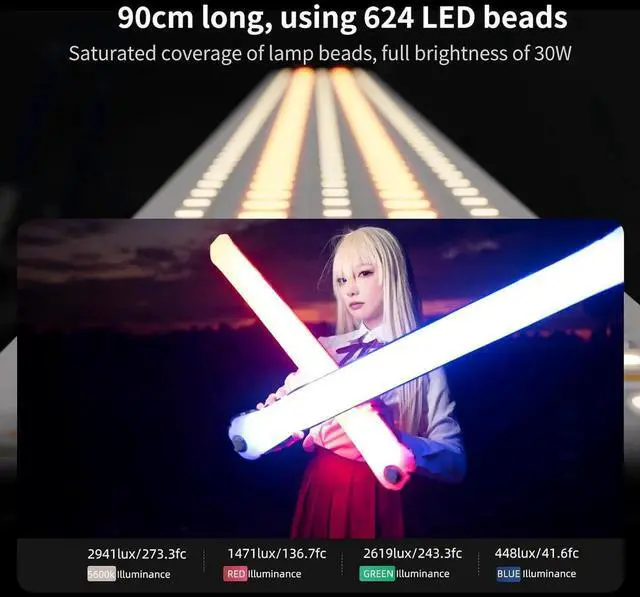Alt view image 4 of 7 - GC30 30W RGB Handheld LED Tube Light 35.5"/90cm Inflat Video Light with Inflat Ball & Magnetic Mount, 2000-10000K, CRI 95+, 5000mAh Battery, Waterproof for Photography & Studio Recording