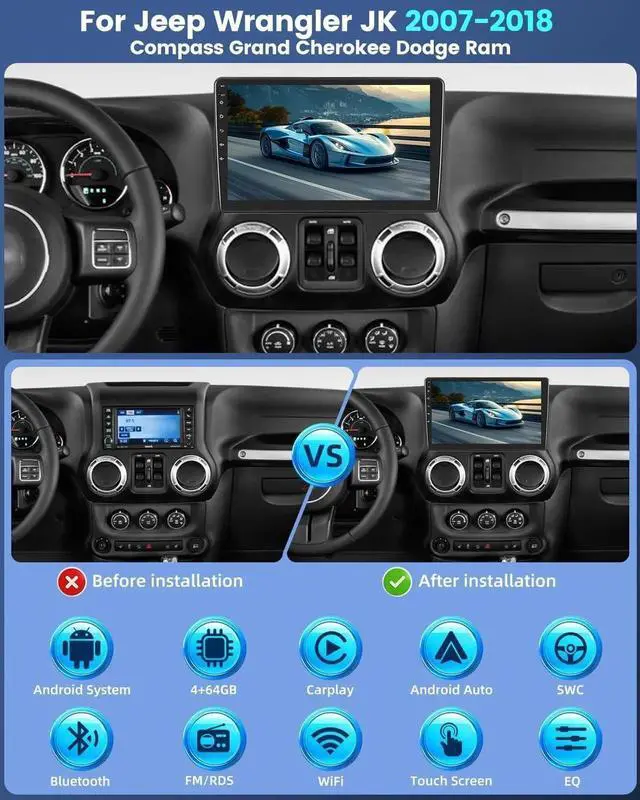 Alt view image 3 of 7 - Car Radio Stereo for Jeep Wrangler JK 2007-2018 Compass Grand Cherokee Dodge Ram with Carplay/Android Auto Upgrade 4GB+64GB
