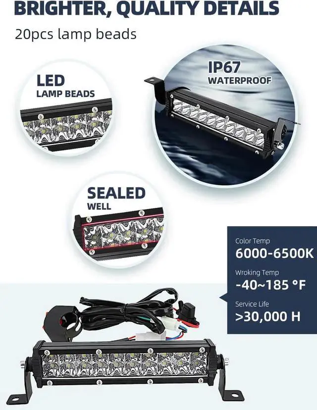 Alt view image 5 of 6 - Dirt Bike Light Bar,60W 2500LM Motorcycle Headlight Light Bar Plug-Play Universal for Most 7/8" Handlebar CRF110 KLX140 KLX110 TTR110 TTR110E