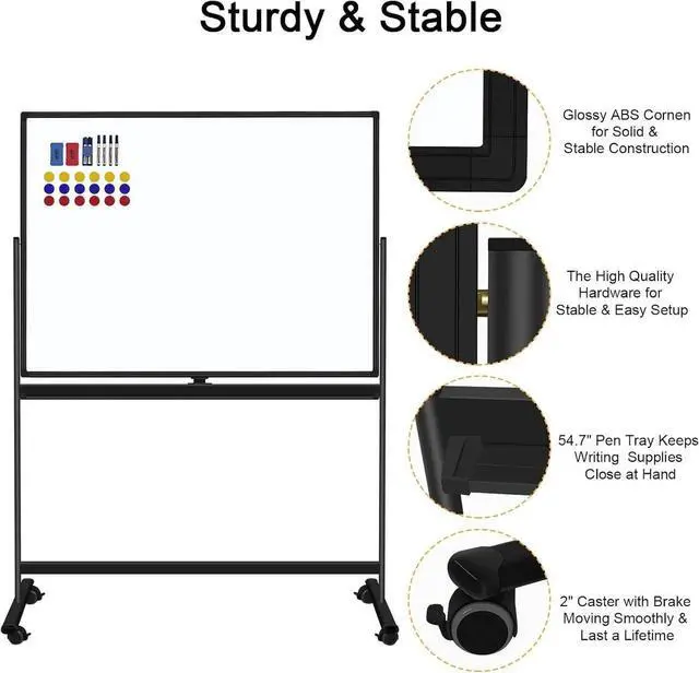 Alt view image 7 of 7 - 48"x36" Mobile Whiteboard Doue-Sided Magnetic Dry Erase Board on Wheels - Comercial Rolling White Boards with Sturdy Stand for Home, Office & School