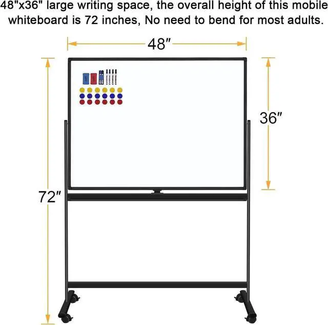 Alt view image 4 of 7 - 48"x36" Mobile Whiteboard Doue-Sided Magnetic Dry Erase Board on Wheels - Comercial Rolling White Boards with Sturdy Stand for Home, Office & School
