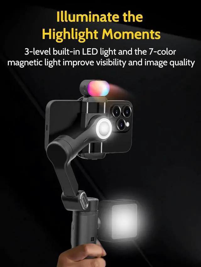 Alt view image 4 of 7 - 3-AxisGimbal Stabilizer for iPhone & Android w/RGB Light, Handheld Phone Gimbal Video Recording w/AI Tracking,1/4 Thread, Extendable Tripod, Padded Carry Bag(Smart X Complete Combo1)