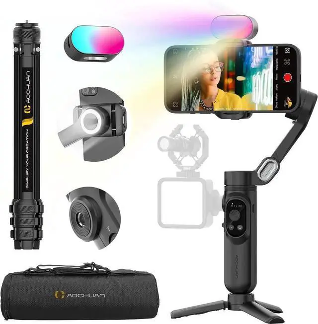 Main image of 3-AxisGimbal Stabilizer for iPhone & Android w/RGB Light, Handheld Phone Gimbal Video Recording w/AI Tracking,1/4 Thread, Extendable Tripod, Padded Carry Bag(Smart X Complete Combo1)