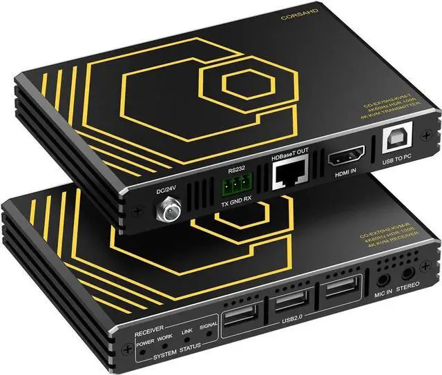 Main image of HDMI KVM Extender USB Uncompressed 4K 60Hz HDR Single Over Cat5e/6 up to 300ft, 3 Ports USB2.0 Hub POE+RS232+EDID+3.5mm Stereo Audio and Microphone