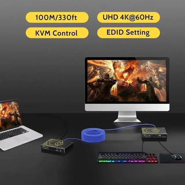 Alt view image 6 of 7 - HDMI KVM Extender USB Uncompressed 4K 60Hz HDR Single Over Cat5e/6 up to 300ft, 3 Ports USB2.0 Hub POE+RS232+EDID+3.5mm Stereo Audio and Microphone