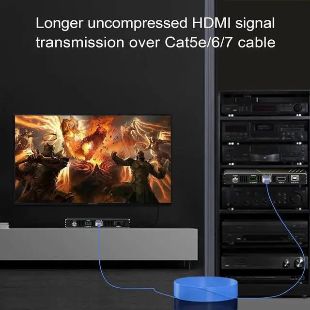 Alt view image 5 of 7 - HDMI KVM Extender USB Uncompressed 4K 60Hz HDR Single Over Cat5e/6 up to 300ft, 3 Ports USB2.0 Hub POE+RS232+EDID+3.5mm Stereo Audio and Microphone