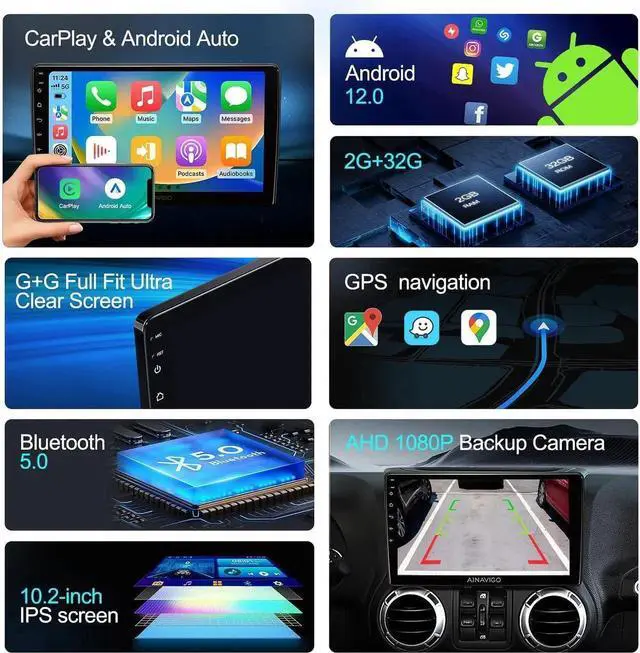 Alt view image 7 of 7 - Car Radio Stereo Upgrade for Jeep Wrangler JK Compass Grand Cherokee Dodge Ram with Wireless CarPlay/Android Auto/10.2'' TouchScreen/Android12/GPS Navigation/Backup Camera (New-HC-Jeep 2+32G)