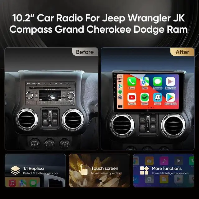 Alt view image 2 of 7 - Car Radio Stereo Upgrade for Jeep Wrangler JK Compass Grand Cherokee Dodge Ram with Wireless CarPlay/Android Auto/10.2'' TouchScreen/Android12/GPS Navigation/Backup Camera (New-HC-Jeep 2+32G)