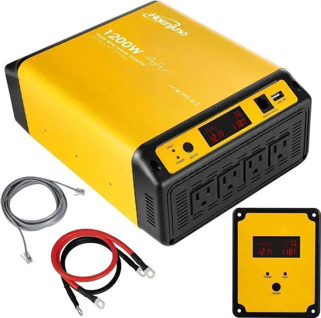 Main image of 1200W Pure Sine Wave Inverter Power Converter DC 12V to AC 110-120V Power Source with 15 Feet Remote Control Cae