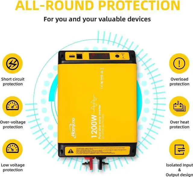 Alt view image 3 of 6 - 1200W Pure Sine Wave Inverter Power Converter DC 12V to AC 110-120V Power Source with 15 Feet Remote Control Cae