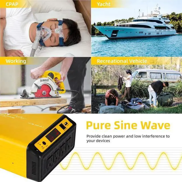 Alt view image 2 of 6 - 1200W Pure Sine Wave Inverter Power Converter DC 12V to AC 110-120V Power Source with 15 Feet Remote Control Cae