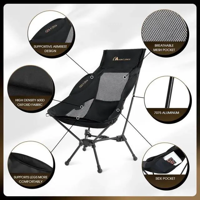 Alt view image 4 of 7 - High Back Folding Camping Chair, 330lbs Portable Compact Chair with Wide Seat & Ergonomic Back Support (Black)