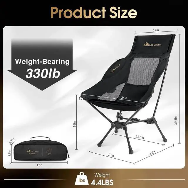 Alt view image 7 of 7 - High Back Folding Camping Chair, 330lbs Portable Compact Chair with Wide Seat & Ergonomic Back Support (Black)
