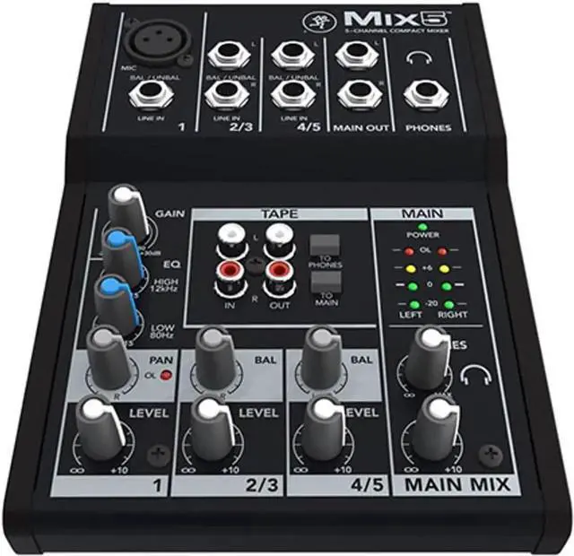 Main image of Mix5 5-Channel Compact Mixer, 1 Mic/Line Input, Main L/R Outputs, 8 Channel Faders, Phantom Power