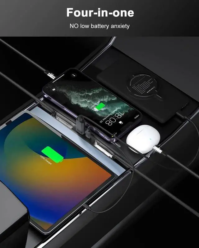 Alt view image 6 of 6 - 65W USB Hub for Tesla Model 3 Highland/Model Y Juniper 2024 2025 Waterproof - 4Ports Fast Charger Accessories Phone 2 Type-C Charging Cables