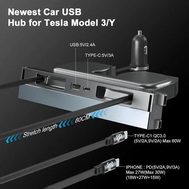Alt view image 4 of 6 - 65W USB Hub for Tesla Model 3 Highland/Model Y Juniper 2024 2025 Waterproof - 4Ports Fast Charger Accessories Phone 2 Type-C Charging Cables
