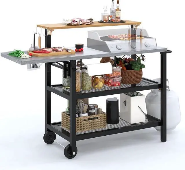 Alt view image 4 of 7 - Four-Shelf Grill Cart Table, Movable Stainless Metal Flattop Pizza Oven Multifunctional Work Prep-Table for Griddle BBQ Grills
