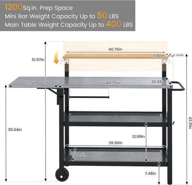 Alt view image 5 of 7 - Four-Shelf Grill Cart Table, Movable Stainless Metal Flattop Pizza Oven Multifunctional Work Prep-Table for Griddle BBQ Grills