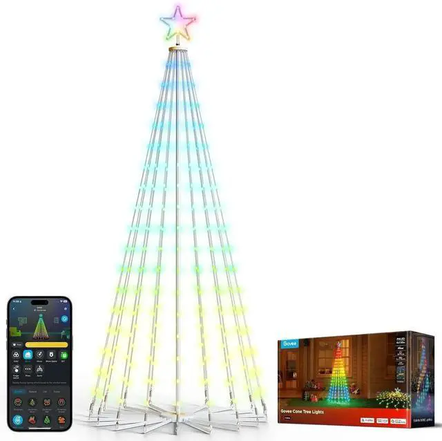 Main image of Christmas Cone Tree Lights, 6ft 316 LEDs RGBIC Christmas Tree Lights with Smart App Control, IP67 Waterproof Outdoor String Lights for Xmas rations, 82+ Scene Modes, Music Sync, White Stand