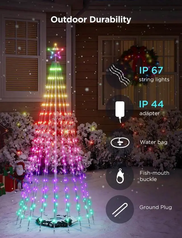 Alt view image 2 of 7 - Christmas Cone Tree Lights, 6ft 316 LEDs RGBIC Christmas Tree Lights with Smart App Control, IP67 Waterproof Outdoor String Lights for Xmas rations, 82+ Scene Modes, Music Sync, White Stand