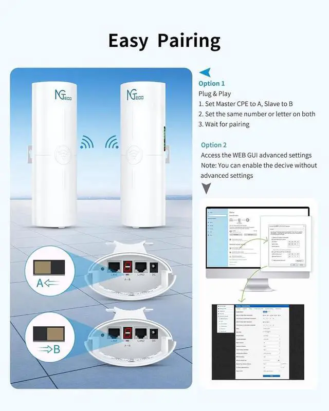 Alt view image 3 of 7 - Wireless Bridge, 5KM 5.8GHz Point to Point Outdoor WiFi Bridges with 14DBi High Gain Antenna, Compatible with Network Sharing,Network Extend, 2 Pack