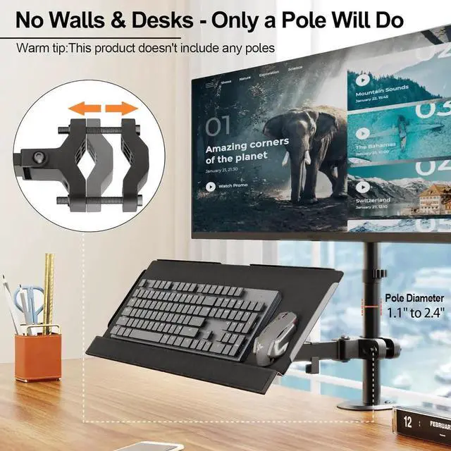 Alt view image 6 of 7 - Keyboard Tray Pole Mount - Keyboard Mount fits Most Standard and Oversized Keyboards, Holds up to 2.2lbs, Black