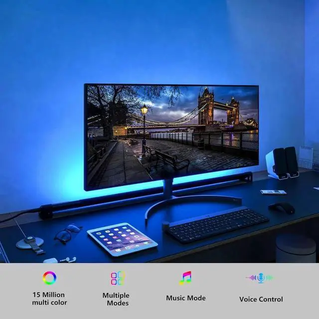 Alt view image 6 of 6 - Under Monitor RGB Light Bar, LED for Desk Gaming Setup, Plug in Keyboard Light, White and Million Color, Wireless Remote, Alexa Smart LED Lights for Room Decor, Desk PC TV(24 INCH)