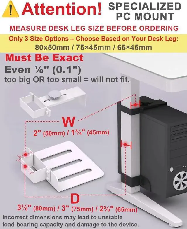 Alt view image 3 of 7 - Under Desk PC Mount - No Drilling Heavy Duty 40 lbs Capacity, Adjust Height and Width Clamp-on Desk Leg PC Mount for Standing Desks (Fits 75mm×45mm Legs), with Non-Slip Pads, White