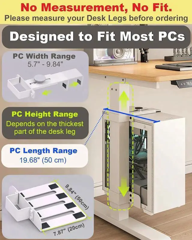 Alt view image 7 of 7 - Under Desk PC Mount - No Drilling Heavy Duty 40 lbs Capacity, Adjust Height and Width Clamp-on Desk Leg PC Mount for Standing Desks (Fits 75mm×45mm Legs), with Non-Slip Pads, White