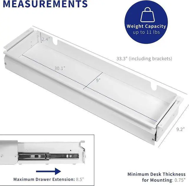 Alt view image 2 of 7 - Large 33 inch Under Desk Slide Out Storage Drawer Organizer, White, DESK-DR33-W