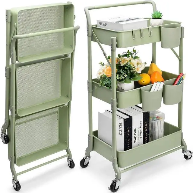 Main image of Foldable 3 Tier Rolling Cart, Metal Utility Cart, Folding Mobile Multi-Function Storage Trolley Organizer Cart for Home Library Office(Green)