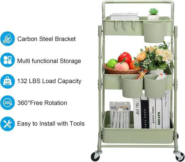 Alt view image 7 of 7 - Foldable 3 Tier Rolling Cart, Metal Utility Cart, Folding Mobile Multi-Function Storage Trolley Organizer Cart for Home Library Office(Green)