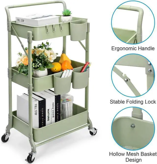 Alt view image 4 of 7 - Foldable 3 Tier Rolling Cart, Metal Utility Cart, Folding Mobile Multi-Function Storage Trolley Organizer Cart for Home Library Office(Green)