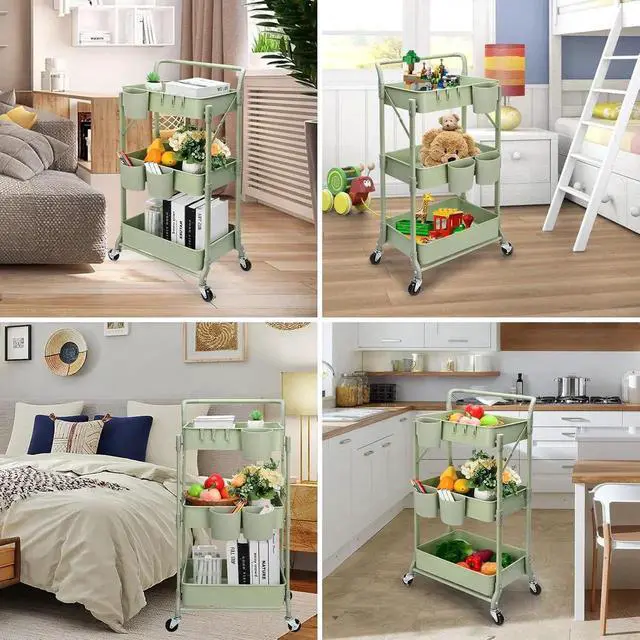 Alt view image 3 of 7 - Foldable 3 Tier Rolling Cart, Metal Utility Cart, Folding Mobile Multi-Function Storage Trolley Organizer Cart for Home Library Office(Green)