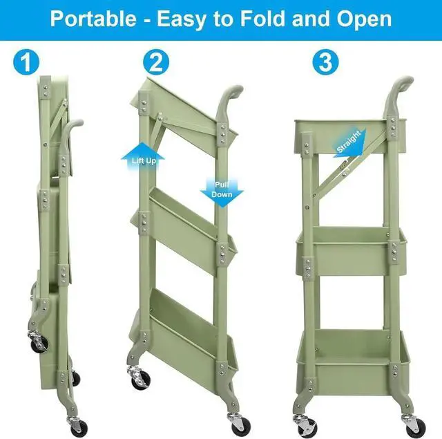 Alt view image 2 of 7 - Foldable 3 Tier Rolling Cart, Metal Utility Cart, Folding Mobile Multi-Function Storage Trolley Organizer Cart for Home Library Office(Green)