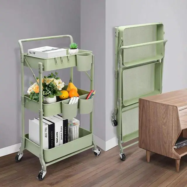 Alt view image 5 of 7 - Foldable 3 Tier Rolling Cart, Metal Utility Cart, Folding Mobile Multi-Function Storage Trolley Organizer Cart for Home Library Office(Green)
