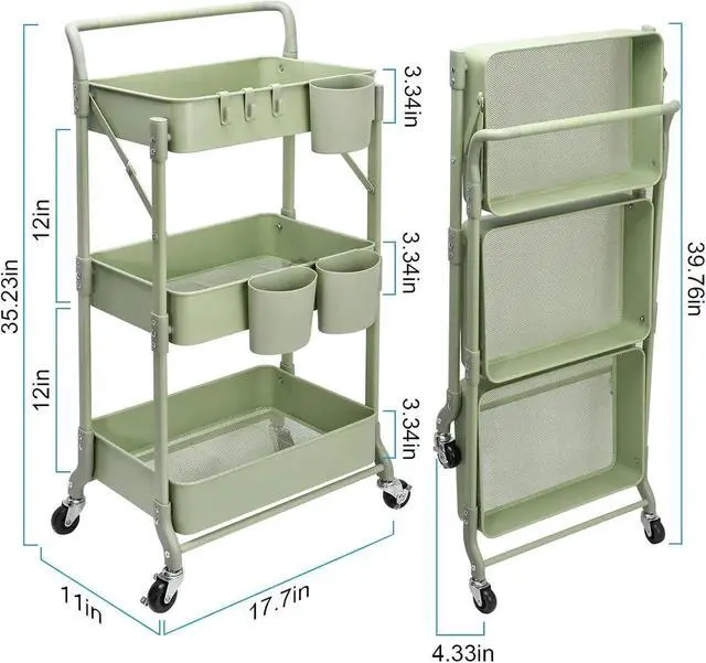 Alt view image 6 of 7 - Foldable 3 Tier Rolling Cart, Metal Utility Cart, Folding Mobile Multi-Function Storage Trolley Organizer Cart for Home Library Office(Green)